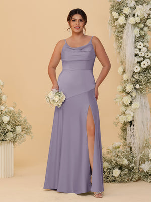 Sheath/Column Spaghetti Straps Cowl Neck Sleeveless Plus Size Bridesmaid Dresses With Split Side