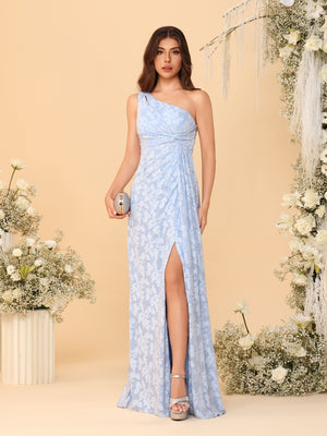Sheath/Column One-Shoulder Sleeveless Floor-Length Bridesmaid Dresses With Split Side & Sash
