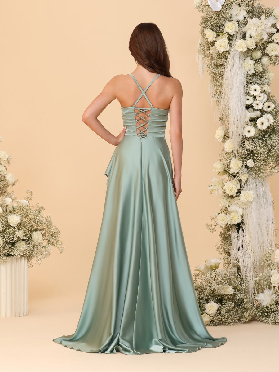 A-Line/Princess Spaghetti Straps Sleeveless Sweep Train Bridesmaid Dresses With Split Side