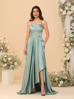 A-Line/Princess Spaghetti Straps Sleeveless Sweep Train Bridesmaid Dresses With Split Side
