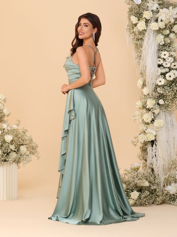 A-Line/Princess Spaghetti Straps Sleeveless Sweep Train Bridesmaid Dresses With Split Side