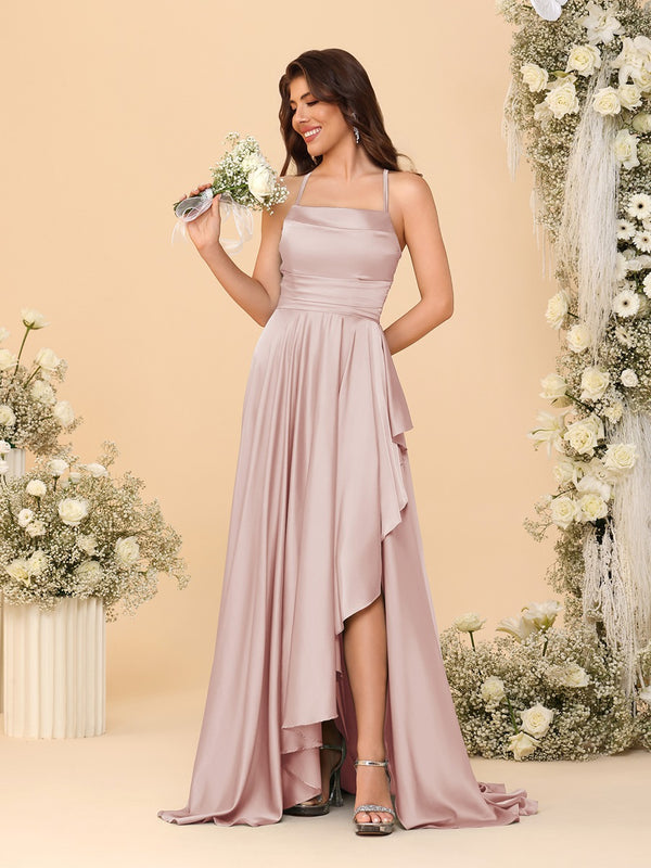 A-Line/Princess Spaghetti Straps Sleeveless Sweep Train Bridesmaid Dresses With Split Side