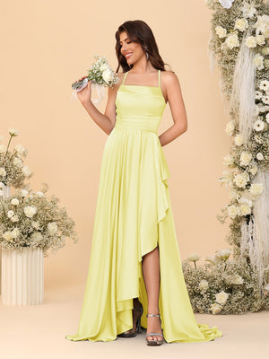 A-Line/Princess Spaghetti Straps Sleeveless Sweep Train Bridesmaid Dresses With Split Side