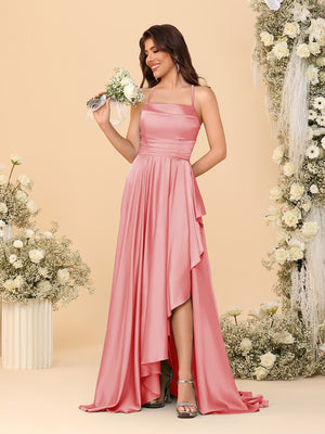 A-Line/Princess Spaghetti Straps Sleeveless Sweep Train Bridesmaid Dresses With Split Side