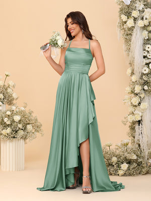 A-Line/Princess Spaghetti Straps Sleeveless Sweep Train Bridesmaid Dresses With Split Side