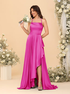 A-Line/Princess Spaghetti Straps Sleeveless Sweep Train Bridesmaid Dresses With Split Side