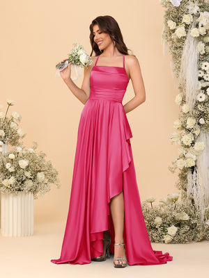 A-Line/Princess Spaghetti Straps Sleeveless Sweep Train Bridesmaid Dresses With Split Side
