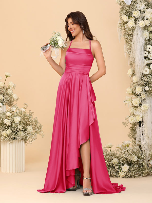 A-Line/Princess Spaghetti Straps Sleeveless Sweep Train Bridesmaid Dresses With Split Side