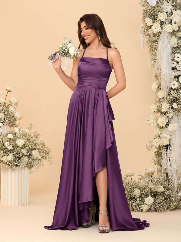 A-Line/Princess Spaghetti Straps Sleeveless Sweep Train Bridesmaid Dresses With Split Side