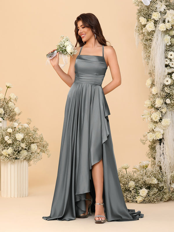 A-Line/Princess Spaghetti Straps Sleeveless Sweep Train Bridesmaid Dresses With Split Side