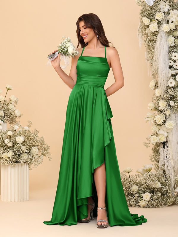 A-Line/Princess Spaghetti Straps Sleeveless Sweep Train Bridesmaid Dresses With Split Side