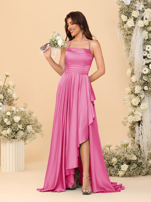 A-Line/Princess Spaghetti Straps Sleeveless Sweep Train Bridesmaid Dresses With Split Side