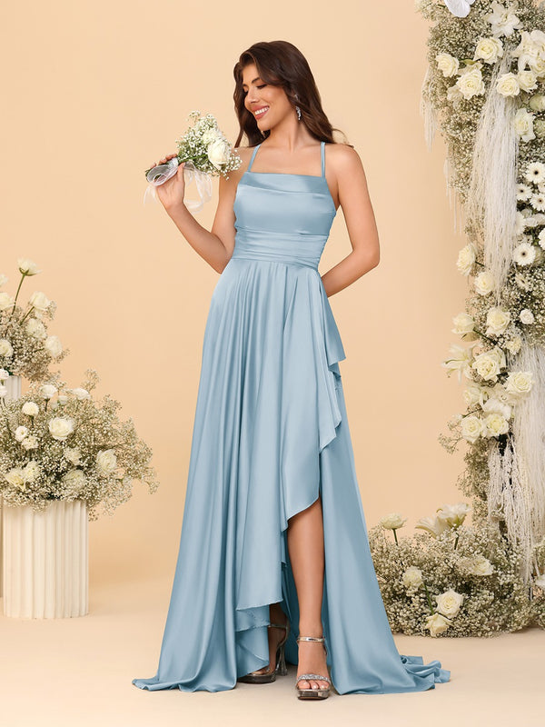A-Line/Princess Spaghetti Straps Sleeveless Sweep Train Bridesmaid Dresses With Split Side