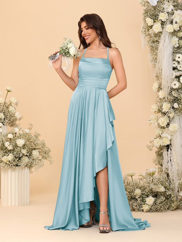 A-Line/Princess Spaghetti Straps Sleeveless Sweep Train Bridesmaid Dresses With Split Side