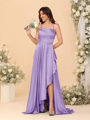 A-Line/Princess Spaghetti Straps Sleeveless Sweep Train Bridesmaid Dresses With Split Side
