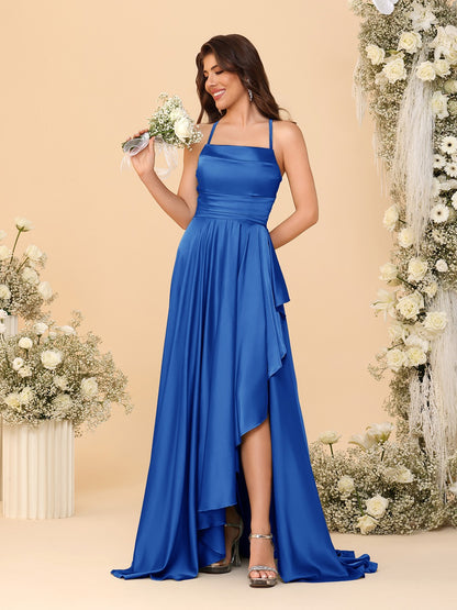 A-Line/Princess Spaghetti Straps Sleeveless Sweep Train Bridesmaid Dresses With Split Side