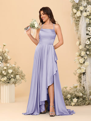 A-Line/Princess Spaghetti Straps Sleeveless Sweep Train Bridesmaid Dresses With Split Side