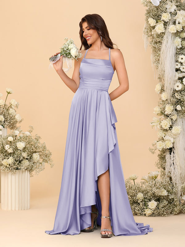A-Line/Princess Spaghetti Straps Sleeveless Sweep Train Bridesmaid Dresses With Split Side