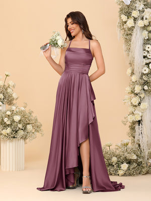 A-Line/Princess Spaghetti Straps Sleeveless Sweep Train Bridesmaid Dresses With Split Side