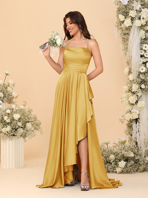 A-Line/Princess Spaghetti Straps Sleeveless Sweep Train Bridesmaid Dresses With Split Side