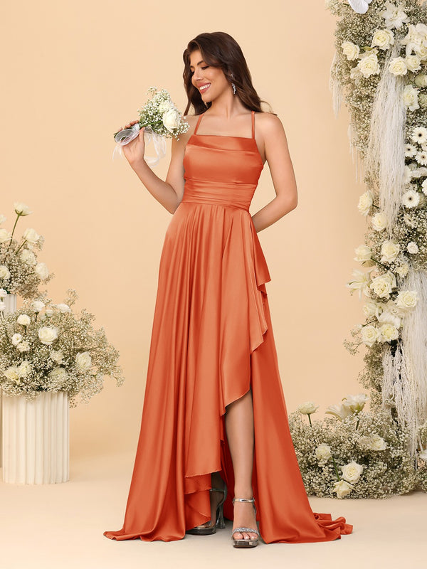 A-Line/Princess Spaghetti Straps Sleeveless Sweep Train Bridesmaid Dresses With Split Side