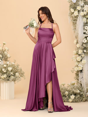 A-Line/Princess Spaghetti Straps Sleeveless Sweep Train Bridesmaid Dresses With Split Side
