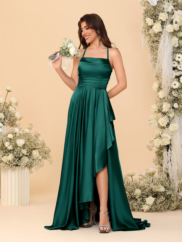 A-Line/Princess Spaghetti Straps Sleeveless Sweep Train Bridesmaid Dresses With Split Side