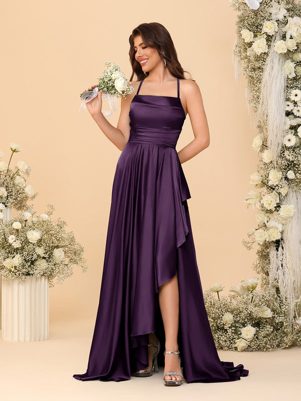 A-Line/Princess Spaghetti Straps Sleeveless Sweep Train Bridesmaid Dresses With Split Side