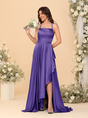 A-Line/Princess Spaghetti Straps Sleeveless Sweep Train Bridesmaid Dresses With Split Side