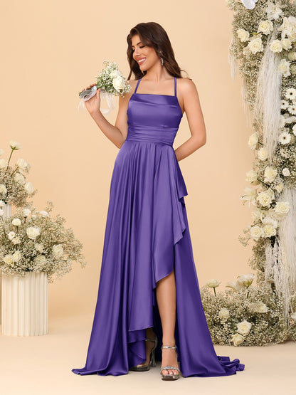 A-Line/Princess Spaghetti Straps Sleeveless Sweep Train Bridesmaid Dresses With Split Side