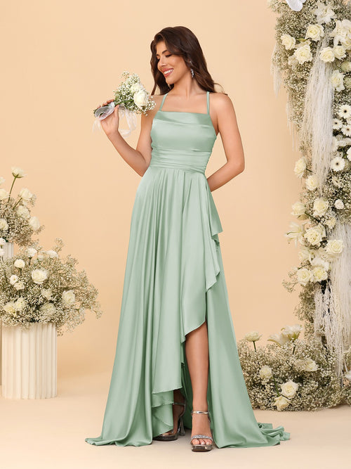 A-Line/Princess Spaghetti Straps Sleeveless Sweep Train Bridesmaid Dresses With Split Side