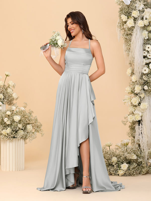 A-Line/Princess Spaghetti Straps Sleeveless Sweep Train Bridesmaid Dresses With Split Side