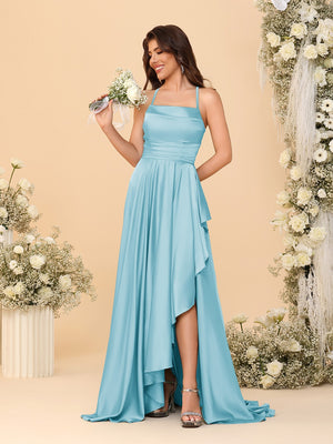 A-Line/Princess Spaghetti Straps Sleeveless Sweep Train Bridesmaid Dresses With Split Side