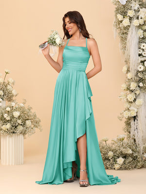 A-Line/Princess Spaghetti Straps Sleeveless Sweep Train Bridesmaid Dresses With Split Side