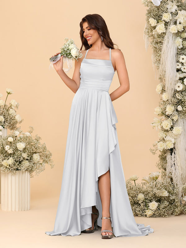 A-Line/Princess Spaghetti Straps Sleeveless Sweep Train Bridesmaid Dresses With Split Side