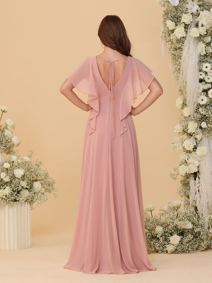 A-Line/Princess V-Neck Short Sleeves Floor-Length Ruched Bridesmaid Dresses With Side Slit