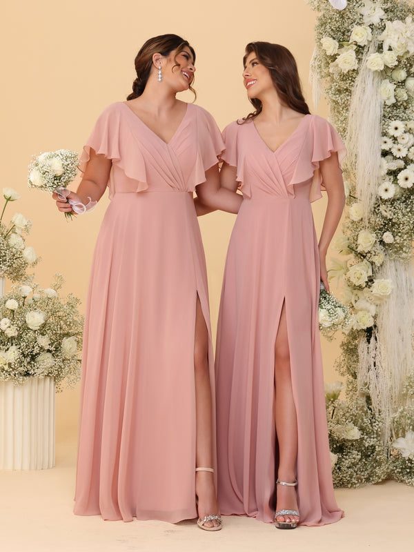 A-Line/Princess V-Neck Short Sleeves Floor-Length Ruched Bridesmaid Dresses With Side Slit