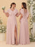 A-Line/Princess V-Neck Short Sleeves Floor-Length Ruched Bridesmaid Dresses With Side Slit