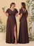 A-Line/Princess V-Neck Short Sleeves Floor-Length Ruched Bridesmaid Dresses With Side Slit