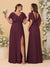 A-Line/Princess V-Neck Short Sleeves Floor-Length Ruched Bridesmaid Dresses With Side Slit