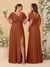 A-Line/Princess V-Neck Short Sleeves Floor-Length Ruched Bridesmaid Dresses With Side Slit