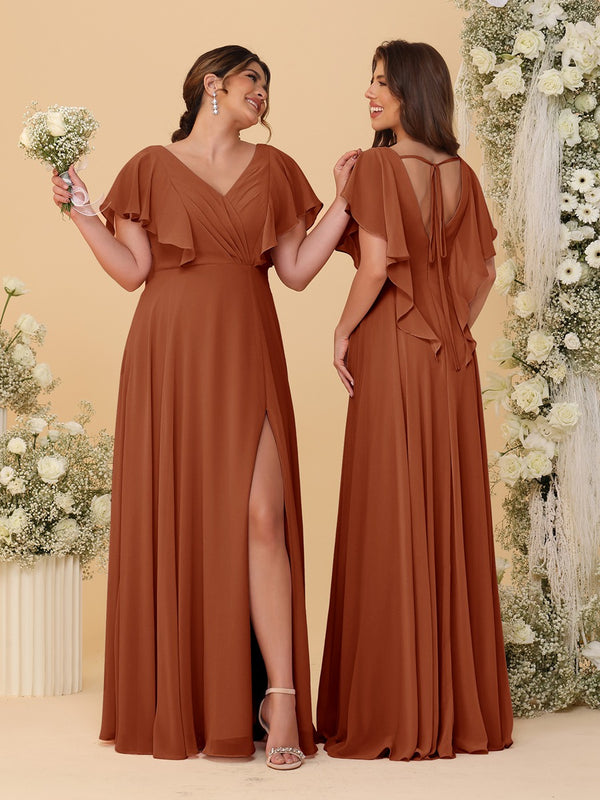 A-Line/Princess V-Neck Short Sleeves Floor-Length Ruched Bridesmaid Dresses With Side Slit