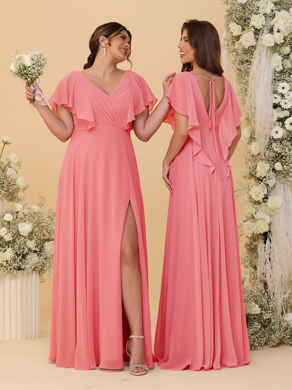A-Line/Princess V-Neck Short Sleeves Floor-Length Ruched Bridesmaid Dresses With Side Slit