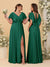 A-Line/Princess V-Neck Short Sleeves Floor-Length Ruched Bridesmaid Dresses With Side Slit