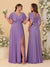 A-Line/Princess V-Neck Short Sleeves Floor-Length Ruched Bridesmaid Dresses With Side Slit