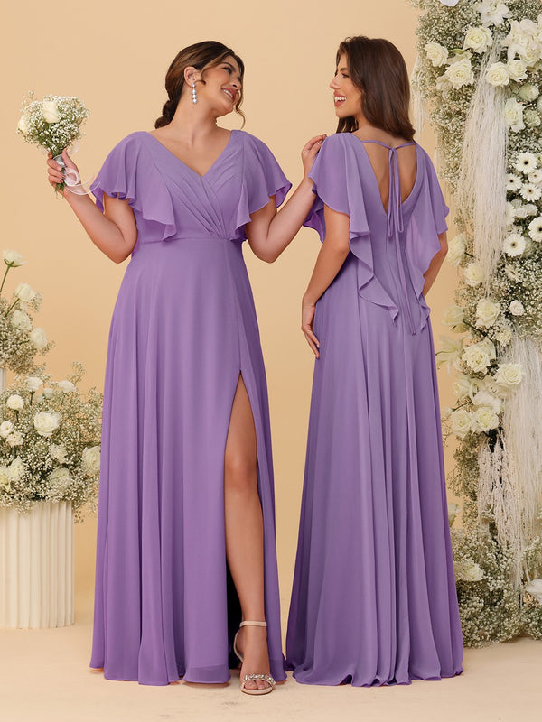 A-Line/Princess V-Neck Short Sleeves Floor-Length Ruched Bridesmaid Dresses With Side Slit