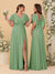 A-Line/Princess V-Neck Short Sleeves Floor-Length Ruched Bridesmaid Dresses With Side Slit