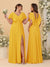 A-Line/Princess V-Neck Short Sleeves Floor-Length Ruched Bridesmaid Dresses With Side Slit