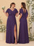 A-Line/Princess V-Neck Short Sleeves Floor-Length Ruched Bridesmaid Dresses With Side Slit