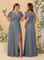 A-Line/Princess V-Neck Short Sleeves Floor-Length Ruched Bridesmaid Dresses With Side Slit